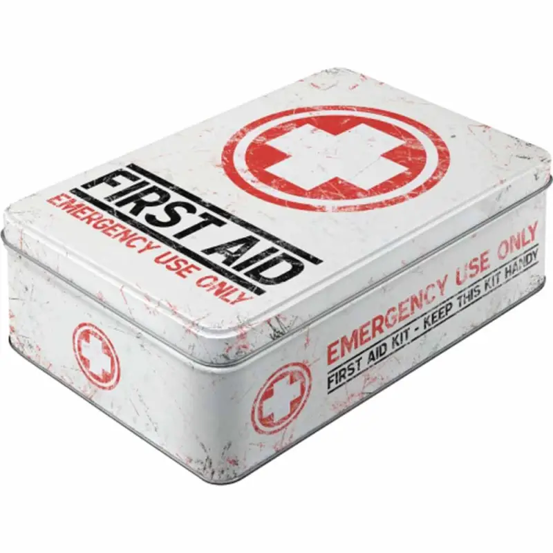 Erbjudande Platt plåtburk First Aid