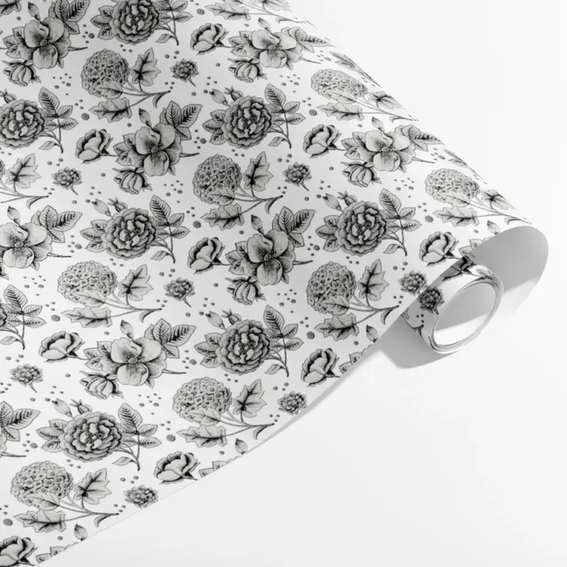 Rabatt Presentpapper med blommor – svartvit kraftpapper 70×200 cm