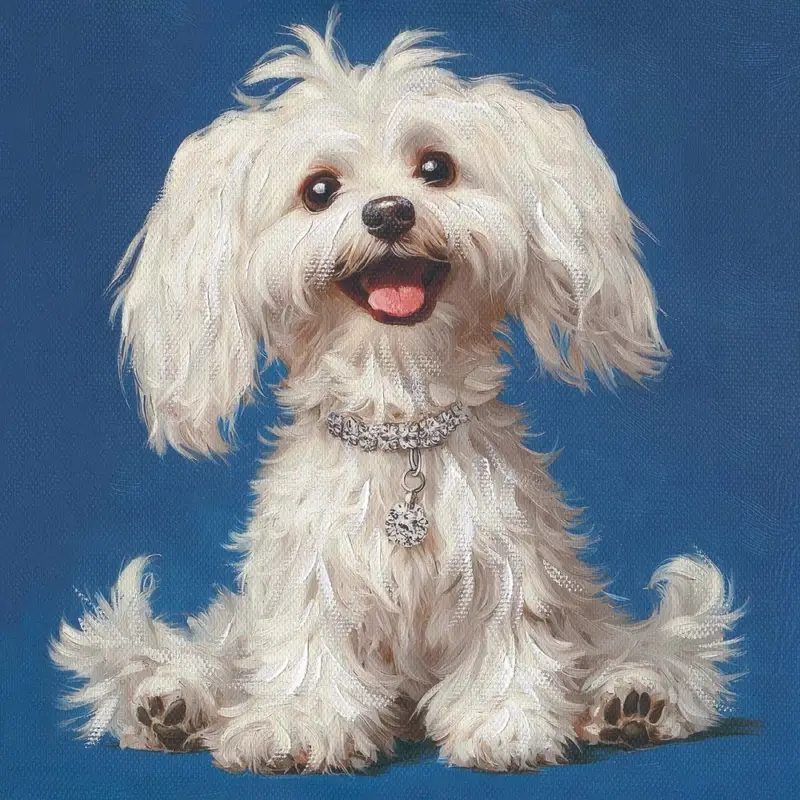 Handmålad tavla Vit fluffig Hund 40×40 cm Kampanjpris
