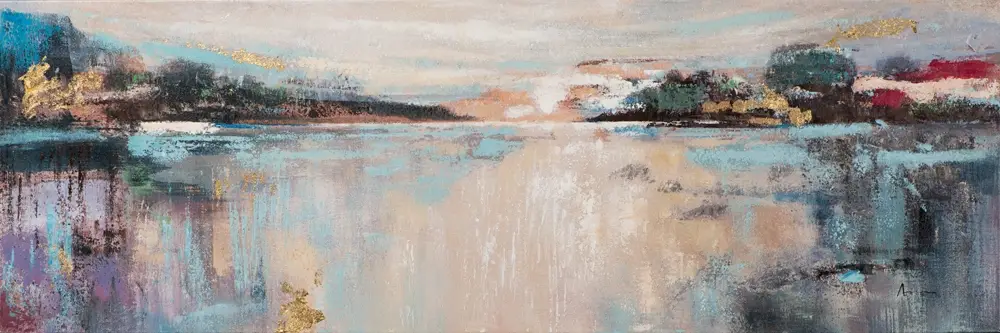 Begränsat erbjudande Handmålad tavla Abstrakt sjöutsikt 50×150 cm