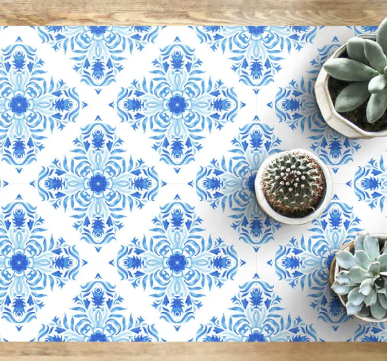 Rabatter Azurblått botaniskt motiv Vinylmatta Mosaik