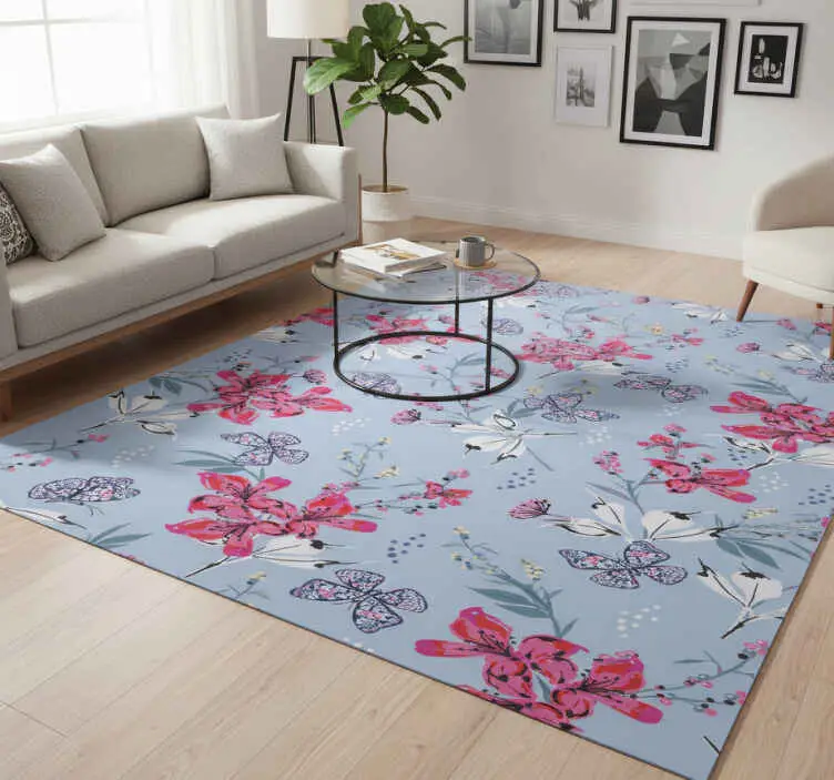 Endast idag Vinylmatta natur abstrakta röda blommor med fjärilar