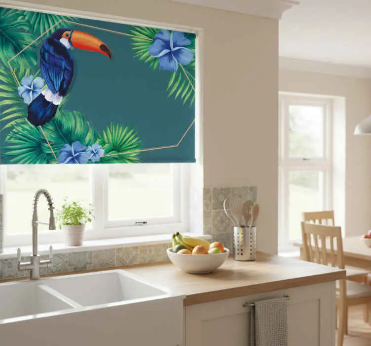 Populärt val Rullgardin kök toucan tropiska blad