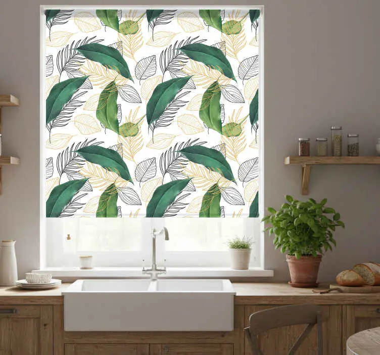 Rullgardin kök gröna och gyllene blad med konstmotiv Bästa pris