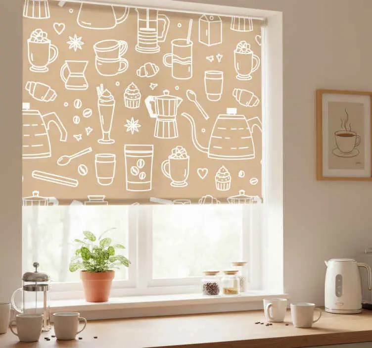 Rullgardin kök mönster med kaffekoppar och glas Kundfavorit