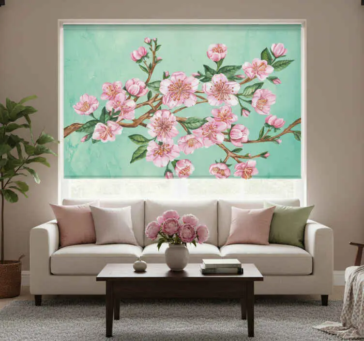 Rullgardin vardagsrum konstnärlig gren med rosa blommor Expressleverans