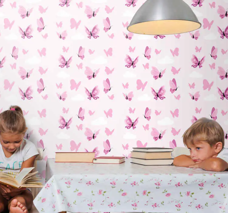 Minimalistiska fjärilar med rosa bakgrund barn tapet Rabatter