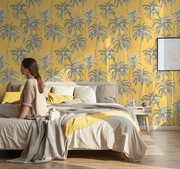 Palmträd design Gula tapet Rabatter