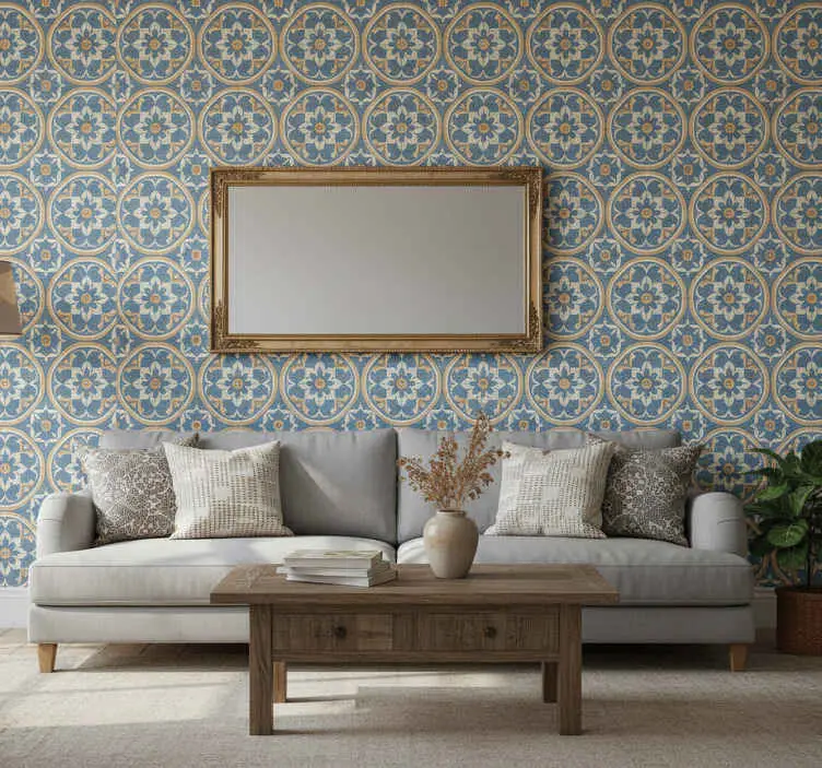 Fondtapet vardagsrum azulejo stilmat Fynd