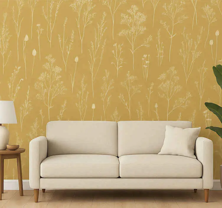 Fondtapet vardagsrum ocher nordisk blommig Premium