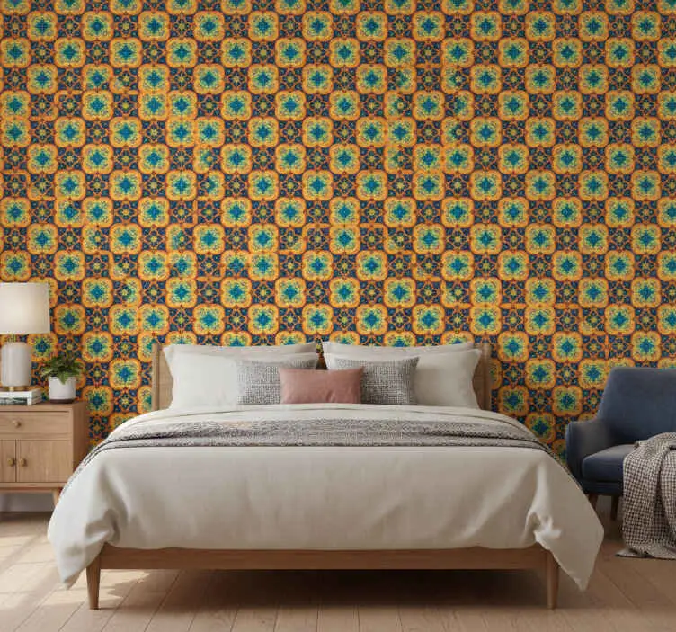 Tapet andra texturer gul och blå orientalisk boho mönster risnedsättning