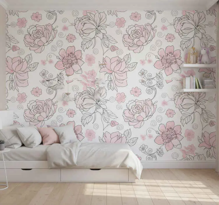 Fynd Tapet blad blommönster svart och rosa