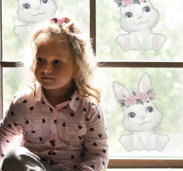 Söt baby kanin med blommiga fönster dekal Rabatter