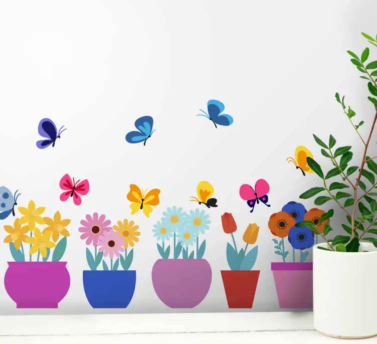 Beställ idag Färgglada blomkrukor med fjärilar blommor vägg inredning