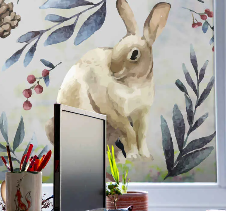 Billig Kanin omgiven av vinterblomma fönster dekal