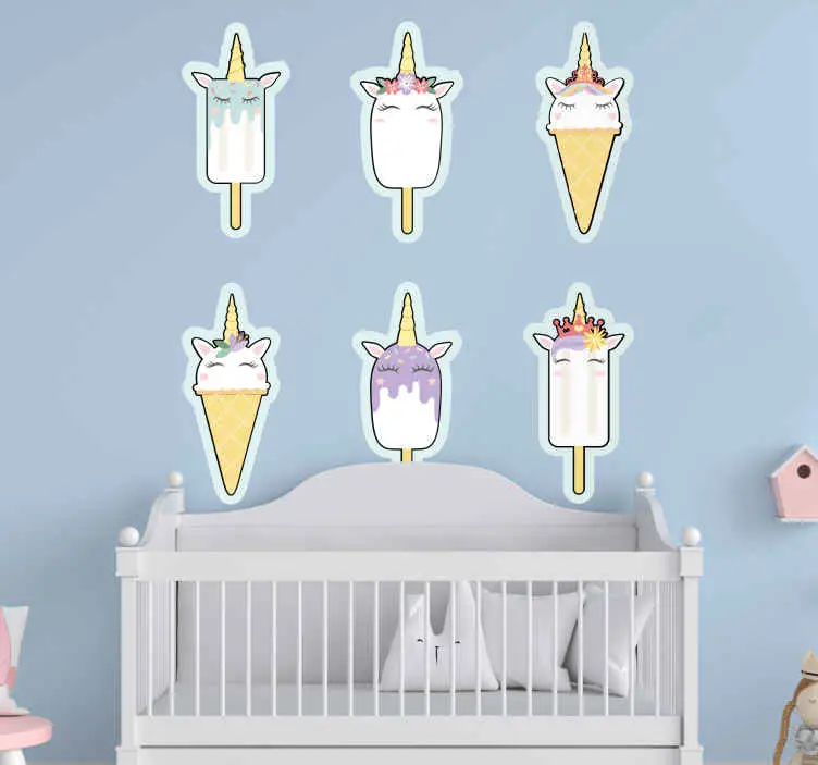 Uppsättning unicorn icecreams illustration väggkonst Begränsat antal