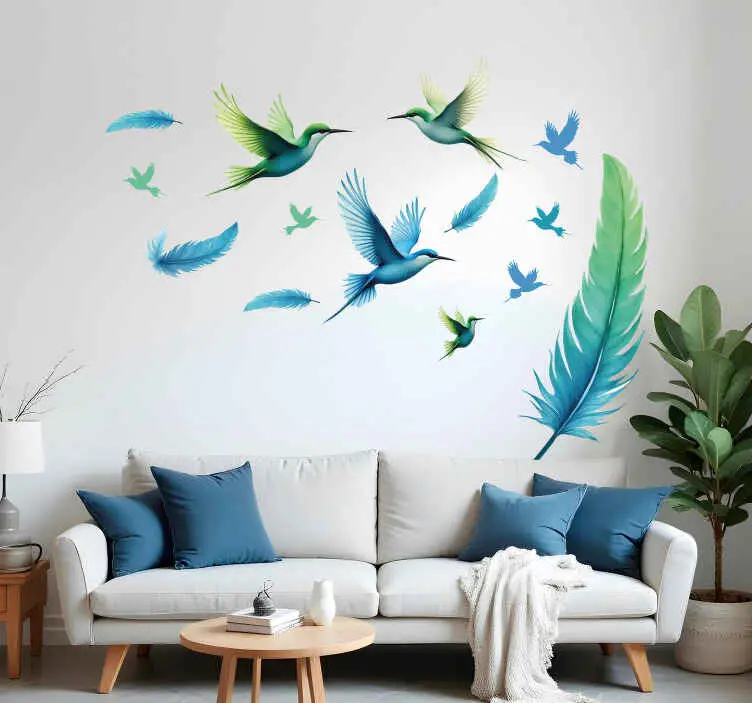 Billigare Blå fjädrar med fåglar wallsticker