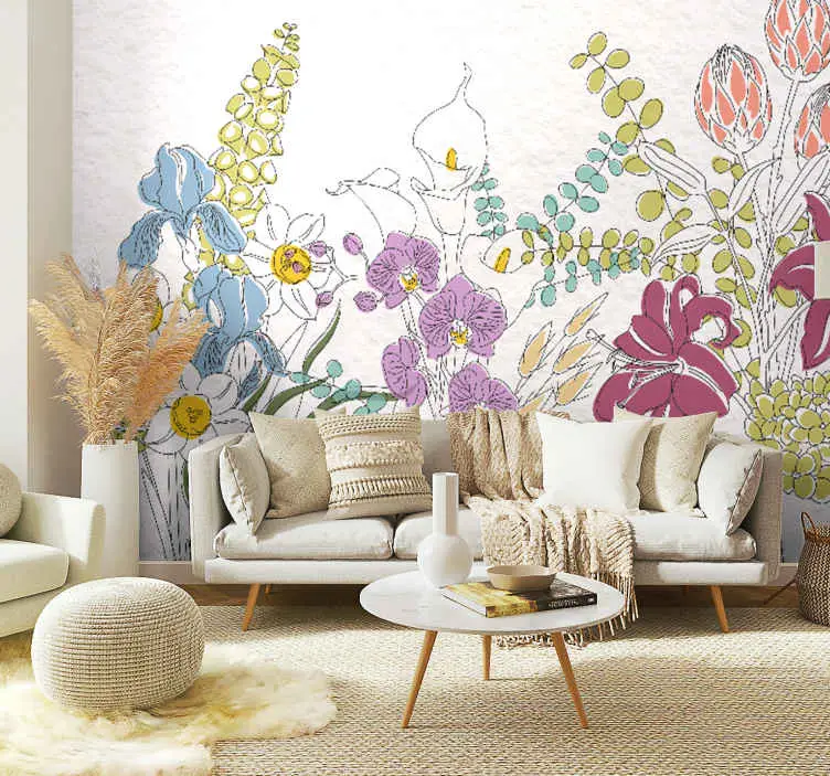 Målade blommor Panoramisk fototapet Fri frakt