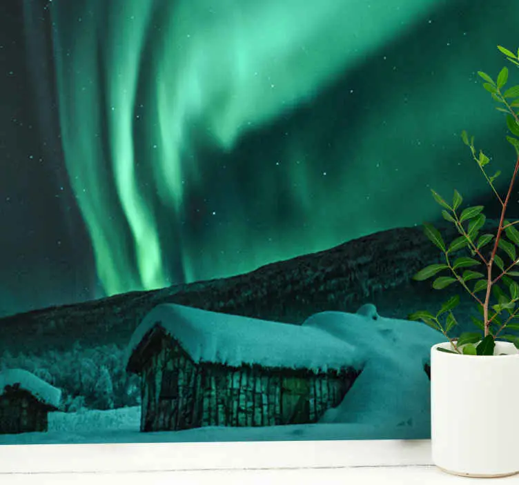 Idyllisk snöby nordljus natthimlen fototapeta Populärt val