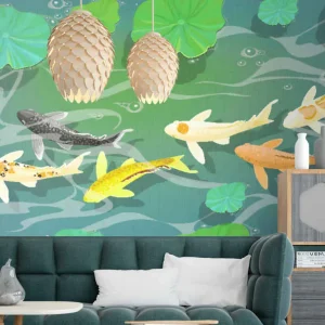 "japandi" koi fiskar och lily pads vintage fototapeta Populär