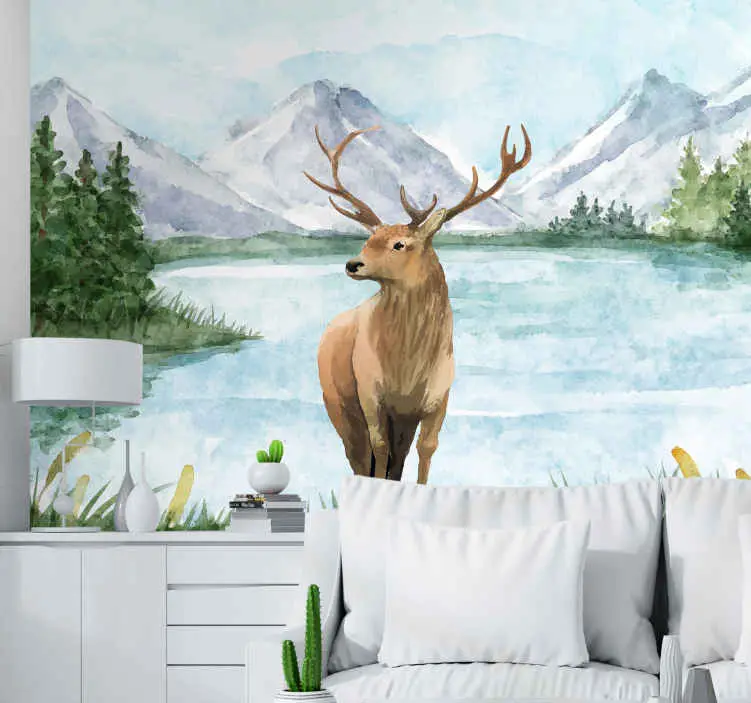 Populär Landskap med sjö- och rådjursnaturväggmålningar