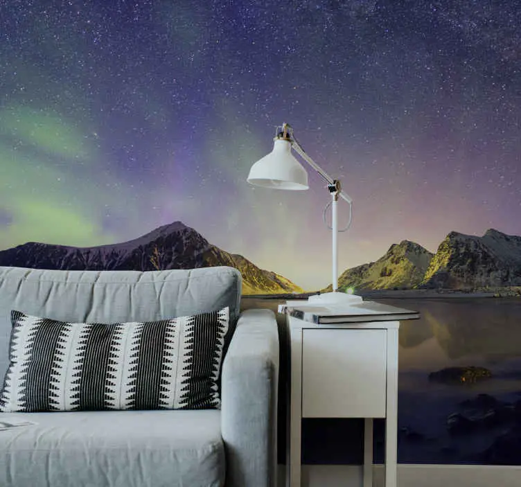 Aurora borealis med snö berg fototapeta Nedsatt pris